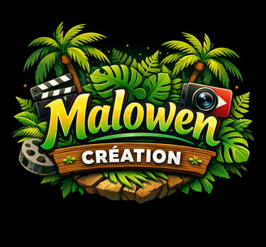 Malowen Création tropical logo with palm trees, clapperboard, and film reel for video production.