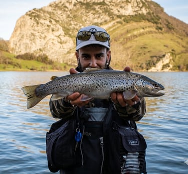 Pescador con trucha en la mano en el pantano del Porma