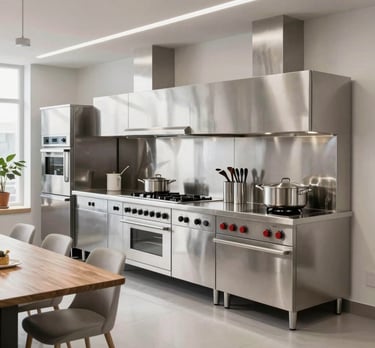 Modern professional kitchen with stainless steel appliances, range stove, and sleek metal cabinetry.