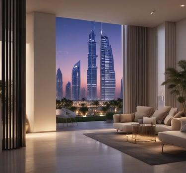 A sleek modern high-rise apartment building with glass balconies overlooking the Dubai skyline at sunset.