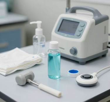 A clean, modern medical supply warehouse with shelves stocked with boxes and equipment, bathed in soft blue and white lighting.