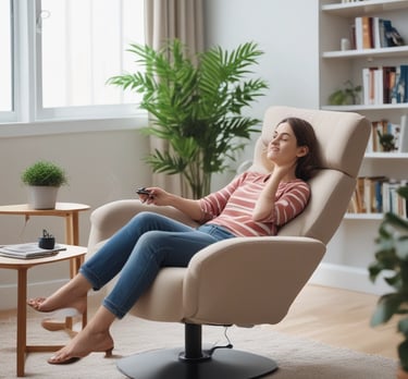 a man sitting in a reclining chair with a remote control