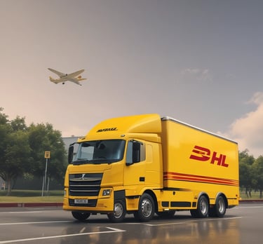 A vibrant delivery truck speeding down a city street with colorful parcels inside.