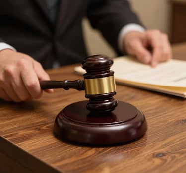 A professional lawyer reviewing legal documents in a modern office.
