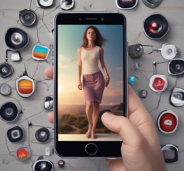 A person holding a smartphone filming a small video setup with basic audiovisual equipment