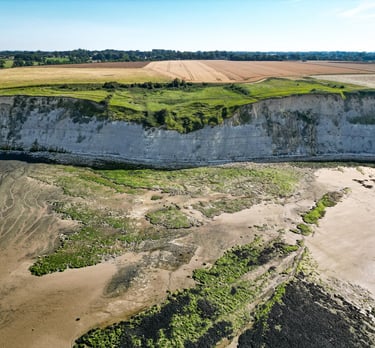 Photo drone d'une vue d'une plage avec vue la falaises d'arromanches