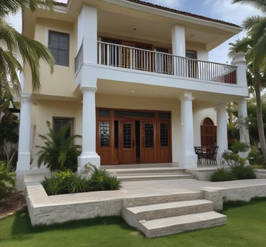 A view of a coastal resort area featuring multiple villas surrounded by lush greenery and palm trees. The image includes a body of water in the foreground and a large multi-story building to the right. In the background, the ocean extends to the horizon under a partly cloudy sky.