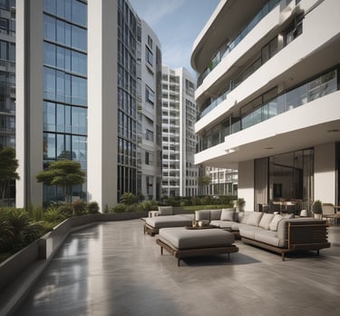 A spacious apartment interior featuring contemporary furniture and large windows.