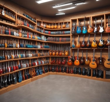 A vibrant display of various musical instruments including guitars and keyboards.