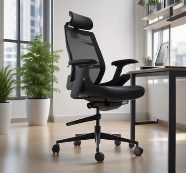 A modern office setup with a sleek ergonomic chair in the foreground. The chair features a complex support structure and black cushioning. Behind it, there is a computer desk with a large monitor displaying a bright screen and a microphone on an adjustable arm. A keyboard and phone can also be seen on the desk. Some greenery is present in the background, adding a natural element to the workspace.