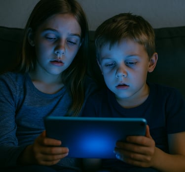 Two children looking at a bright screen