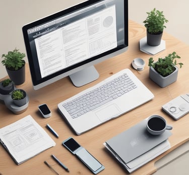 A laptop displaying a website design with the phrase 'Build your dream website.' next to a minimalistic building image. The scene also includes a modern mug and a smartphone placed on a wooden desk.