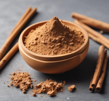 Multani mitti clay powder in a white ceramic bowl with rose petals scattered on a green cloth.