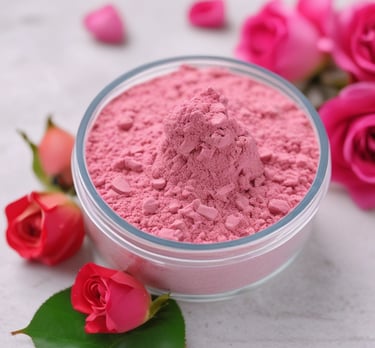 Multani mitti clay powder in a white ceramic bowl with rose petals scattered on a green cloth.