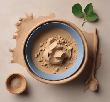 Multani mitti clay powder in a white ceramic bowl with rose petals scattered on a green cloth.