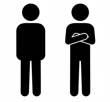 one stick man standing next one stickman crossed armed