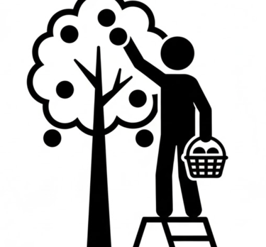 a stickman picking a fruit from a tree