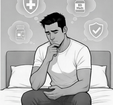 a cartoon made with Erectile dysfunction option in bubbles above