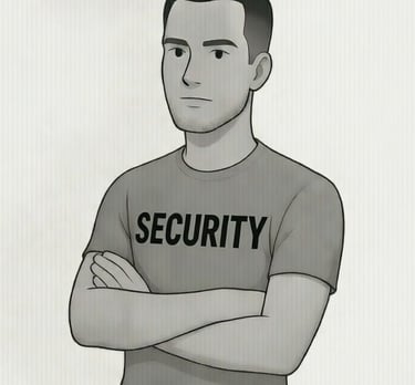 male with arm crossed and security on t-shirt