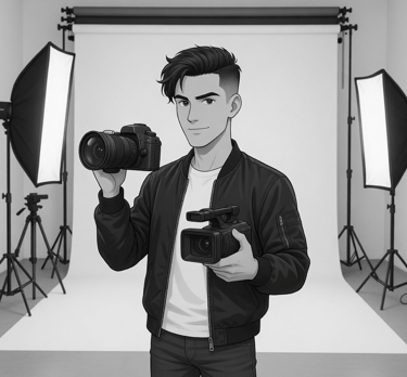 male cartoon with camera and video recorder in each hand in studio