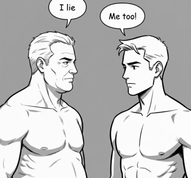 Older man saying "I lie" and a younger male saying 'me too1' cartoon style