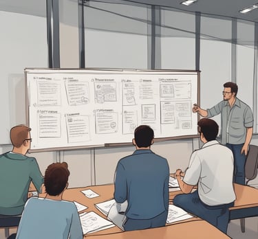 A modern workspace with a focus on technology. In the foreground, there is a black laptop with a distinctive logo placed on a table beside a smartphone propped on a stand. A man is sitting in the background, also using a similar laptop. The setting is minimalistic with a combination of white furniture and a textured brick wall.