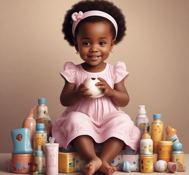 A baby lies on a white quilt surrounded by various baby care products, such as lotions, baby oil, and diapers. The baby is wearing a white diaper with colorful hair ties scattered around. Bright packaging and diverse product shapes create an organized composition.