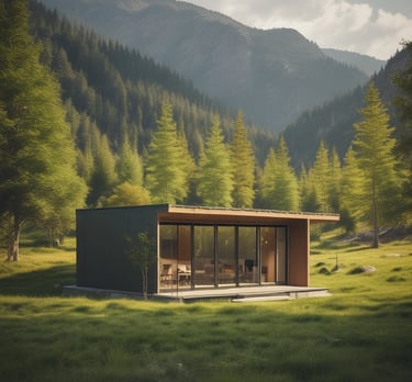 a small cabin with a green roof and a green roof