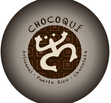 a Taino Coqui hieroglyph over a bed of chocolate squares, forming the logo for the Chocoqui company