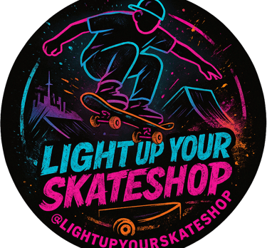 Custom 3D-printed lightbox with independent skate shop logo, illuminated on a display shelf.