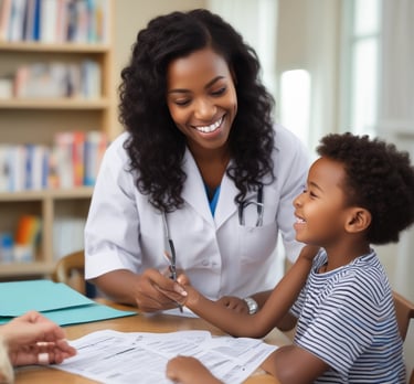 A healthcare professional is administering a vaccine to a young child while a woman, possibly the child's mother, holds the child on her lap. The child is focused on the procedure, and the healthcare provider is smiling, wearing a shirt with colorful heart patterns.