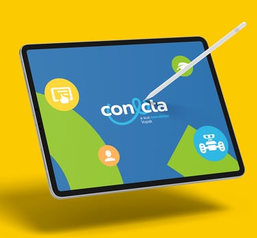 tablet with Conecta logo and visual identity on a yellow background