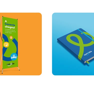 Banner and notepad with the Conecta visual identity on an orange and blue background