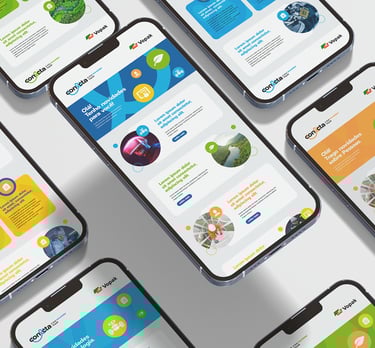 Cell phone screens with Conecta's newsletter and visual identity