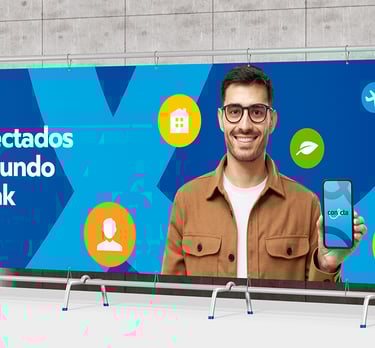 billboard with Conecta's advertisement and visual identity on a cement background