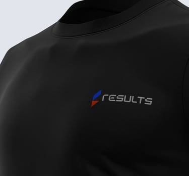 black t-shirt with the results logo