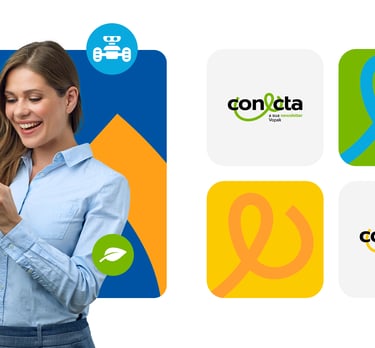 woman with smartphone and variations of the Conecta logo and visual identity