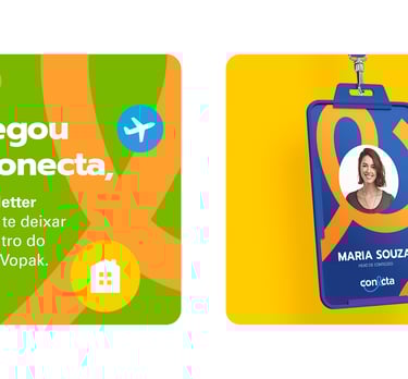 post for social networks and employee badge with the Conecta visual identity