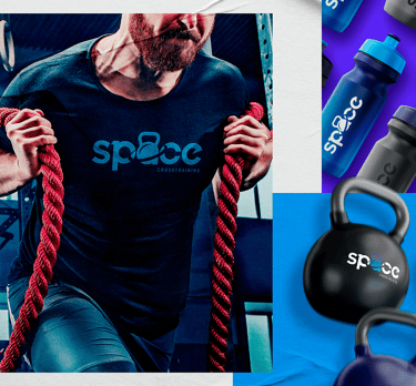 visual identity space crosstraining with squeeze, kettlebell and t-shirt of a man training