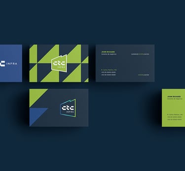 3 business cards with CTC Infra visual identity on a blue background