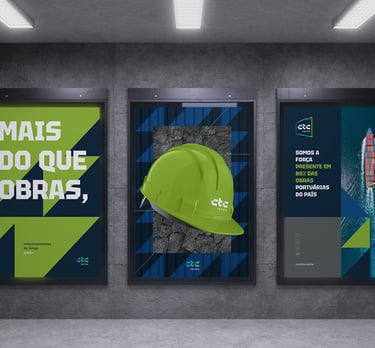 3 posters with advertisements and visual identity of CTC Infra on a cement wall