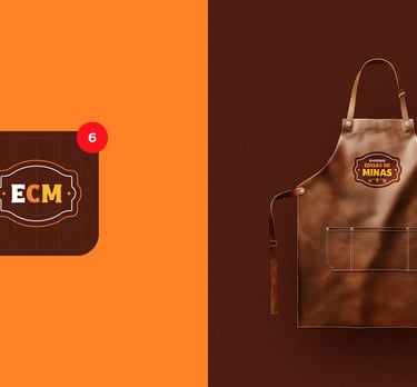 App icon and leather apron with the Empório Coisas de Minas logo