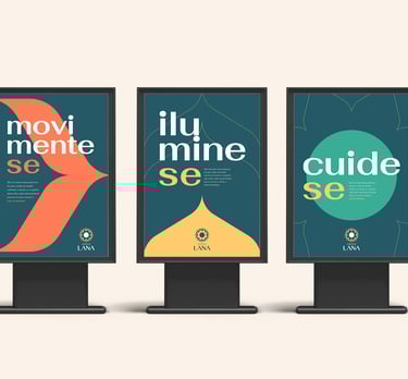 three posters with advertisements and visual identity of Espaço Lana