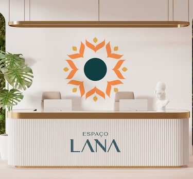 Espaço Lana studio reception with counter and wall personalized with the visual identity