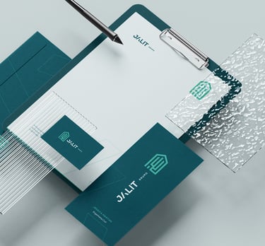 stationery with visual identity jalit group with business card, envelope, flyer and letterhead