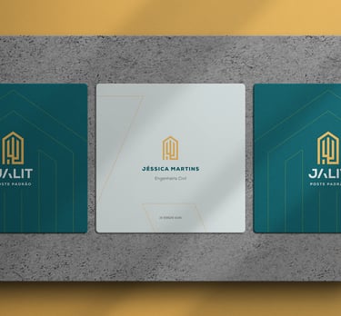 three square business cards on a yellow background with the Jalit visual identity