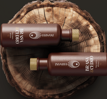 two clay bottles with oil for diffuser and visual identity with Luz & Axé logo