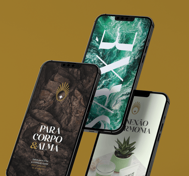 three smartphones with wallpaper from the Luz & Axé visual identity