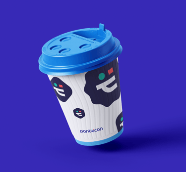 personalized coffee cup with Pontecon's visual identity on a blue background
