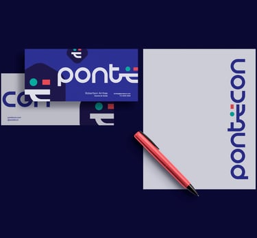 Personalized stationery with Pontecon's visual identity and logo on a blue background